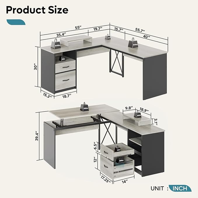 Bestier Lift Top L Shaped Desk with File Drawer, 55'' x 55'' Office Desk with Reversible Storage Drawers, L Shaped Standing Desk with Computer Monitor Stand (Retro Grey Oak Light) - LeafyLoom