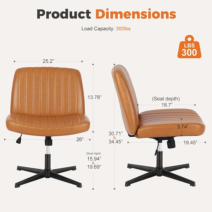 Sweetcrispy Cross Legged Office Chair, Criss Cross Chair Armless Wide Desk Chair No Wheels, Adjustable Swivel Home Office Vanity Chair - LeafyLoom