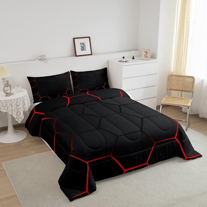 Honeycomb Bedding Set Honeycomb Modern Geometry Hexagon Theme Comforter Set for Kids Boys Children Geometrical Comforter Ultra Soft Beehive Black Red Decor Duvet Set Queen Size - LeafyLoom