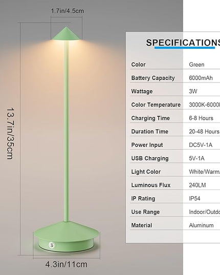 2-Pack 6000mAh Rechargeable LED Table Lamps,Outdoor Cordless Table Lamp Waterproof Portable, 3-Color Stepless Dimmable Modern Lamp for Restaurant/Bedroom(Green) - LeafyLoom