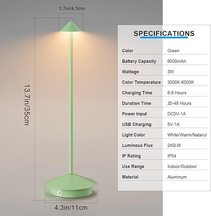 2-Pack 6000mAh Rechargeable LED Table Lamps,Outdoor Cordless Table Lamp Waterproof Portable, 3-Color Stepless Dimmable Modern Lamp for Restaurant/Bedroom(Green) - LeafyLoom