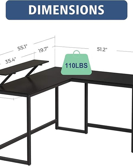 L Shape Computer Desk - Spacious 55 inch Corner Desk Home Office Desk Gaming Desk with Reversible Monitor Stand and Adjustable Feet, Easy Assembly, Black - LeafyLoom