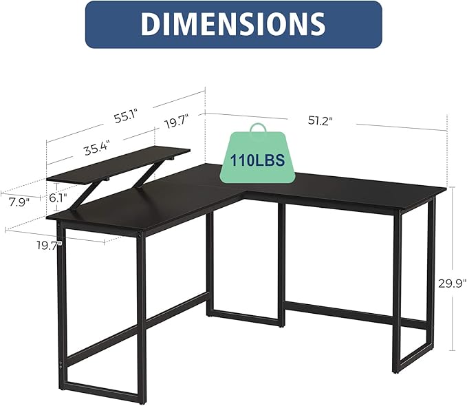 L Shape Computer Desk - Spacious 55 inch Corner Desk Home Office Desk Gaming Desk with Reversible Monitor Stand and Adjustable Feet, Easy Assembly, Black - LeafyLoom