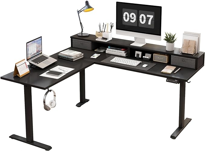 L shaped Electric Standing Desk with 2 Drawers, 63 Inch Ergonomic Adjustable Height Desk with Storage, Corner Desk Sit Stand up Computer Table for Work Office Home, Black - LeafyLoom