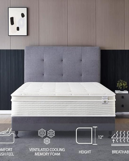 Oliver & Smith 12 Inch Hybrid Twin Bed Mattress Pocketed Coil Spring High Density Cold Foam Polyester Cover Comfort Plush Euro Pillow Top Medium Firm - LeafyLoom