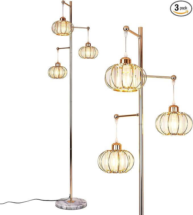 Hsyile KU300259 Industrial Style Crystal Tree Floor Lamp for Living Room,Bedroom,Office,Golden Floor Light,3 Lights - LeafyLoom