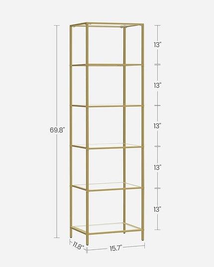 VASAGLE Bookcase, 6-Tier Bookshelf, Slim Shelving Unit for Bedroom, Bathroom, Home Office, Tempered Glass, Steel Frame, Metallic Gold ULGT500A01 - LeafyLoom