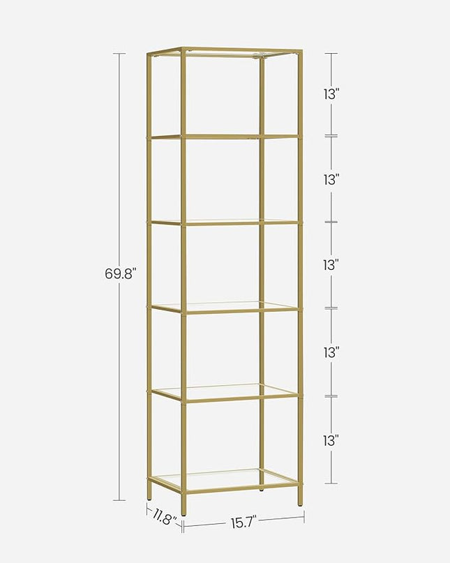 VASAGLE Bookcase, 6-Tier Bookshelf, Slim Shelving Unit for Bedroom, Bathroom, Home Office, Tempered Glass, Steel Frame, Metallic Gold ULGT500A01 - LeafyLoom