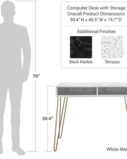 Novogratz Athena Computer Desk with Storage, White Marble - LeafyLoom