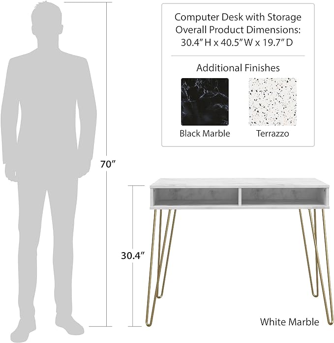 Novogratz Athena Computer Desk with Storage, White Marble - LeafyLoom
