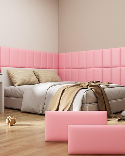 Peel and Stick Headboard Pink Upholstered Wall Panels, 6 Panels Sized 7.8" x 15.7", 3D Anti-Collision Soundproof Self-Adhesive Wall Panel for Bedroom，Living Room - LeafyLoom