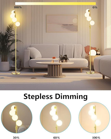 Lightdot 64IN Dimmable (Brightness Adjustable) Globe Floor Lamp, Gold Standing Lamps with 4PCS 3000K G9 Bulbs Soft Warm White Eye Care, Mid Century Modern Floor Lamp for Living Room - LeafyLoom