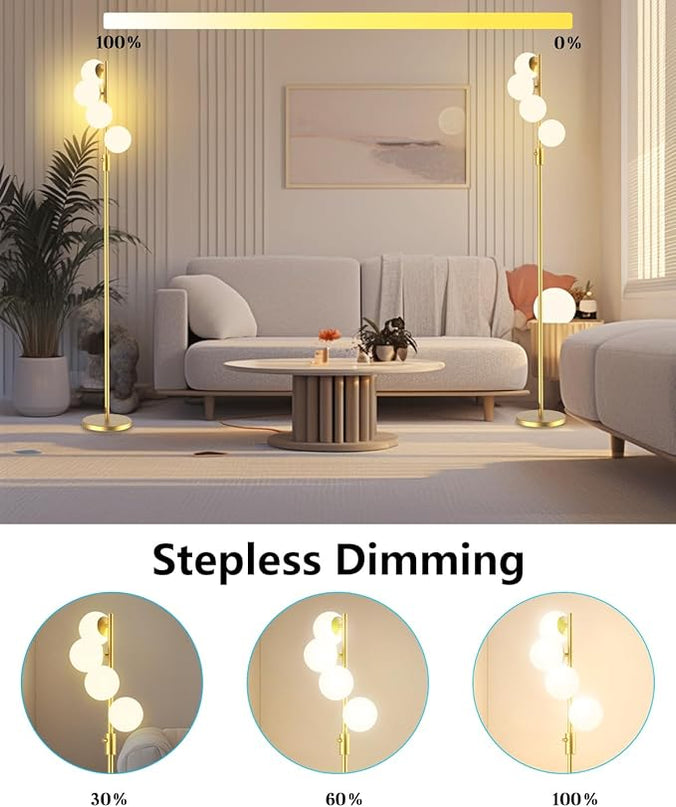 64IN Dimmable Gold Floor Lamp, Tall Standing Lamps with 4 Globe Soft Warm White Eye Care 3000K G9 Bulbs, Mid Century Modern Floor Lamp for Bedroom Office - LeafyLoom