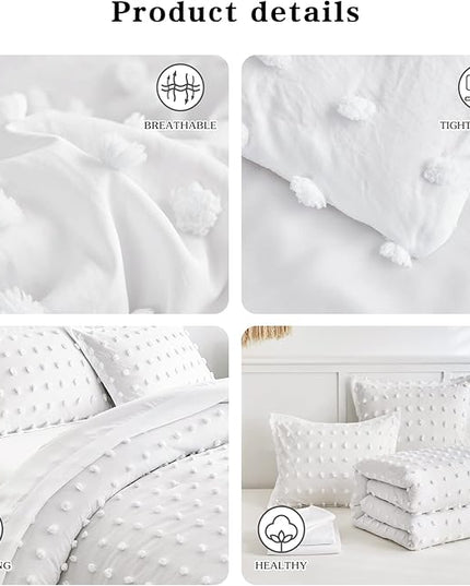 7 Pieces Tufted Dots Bed in a Bag Queen Comforter Set with Sheets White , Soft and Embroidery Shabby Chic Boho Comforters, Solid Color with Pom Pom Design, Jacquard Tufts Bedding Set for All Season - LeafyLoom