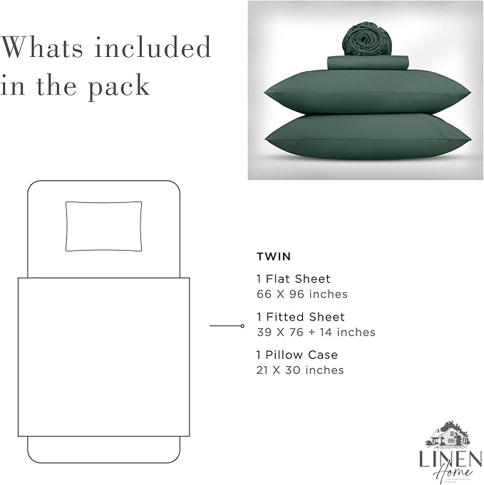 Linen Home Washed Cotton Percale Twin Sheet Set, Dark Olive, Deep Pocket, 3 Pieces Bed Sheets - 1 Flat Sheet, 1 Fitted Sheet & 1 Envelope Closure Pillowcase, Cool and Comfortable Bed Linen - LeafyLoom
