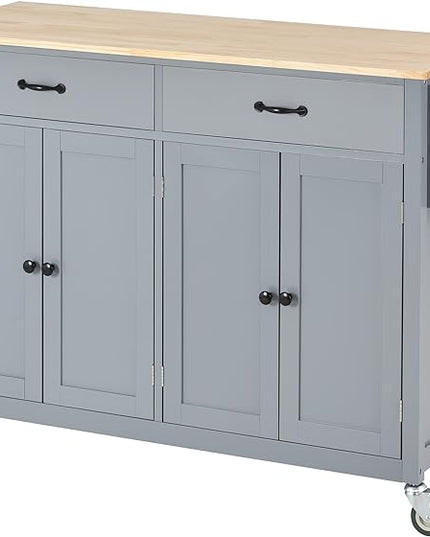 54" W Kitchen Island Table with Solid Wood Top &Spice Rack, Kitchen-Cart w/ 4 Door Cabinet and 2 Drawers Including a Flatware Organizer for Dinning Room, Coffee Bar - LeafyLoom