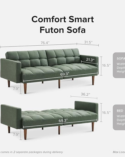 mopio Aaron Couch, Small Sofa, Futon, Sofa Bed, Sleeper Sofa, Loveseat, Mid Century Modern Futon Couch, Sofa Cama, Couches for Living Room, Bedroom (Sage Green, Faux Leather) - LeafyLoom