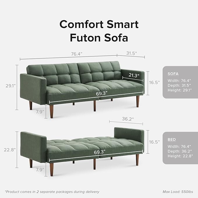 mopio Aaron Couch, Small Sofa, Futon, Sofa Bed, Sleeper Sofa, Loveseat, Mid Century Modern Futon Couch, Sofa Cama, Couches for Living Room, Bedroom (Sage Green, Faux Leather) - LeafyLoom