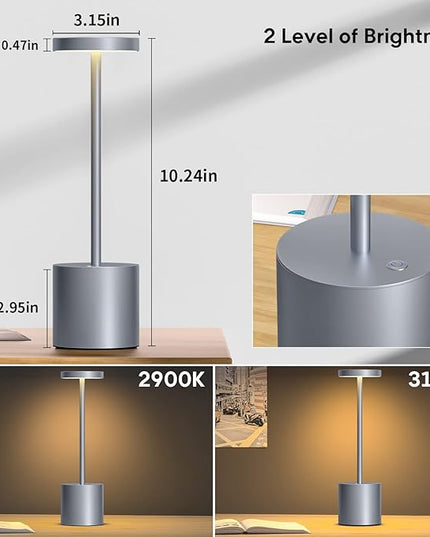Rechargeable Cordless Table Lamp, 10.25in Small Outdoor Portable Battery Operated Desk Lamps 2 Levels Dimmable Powered Night Light for Dining Restaurant Bar Garden Patio Bedroom Grey - LeafyLoom