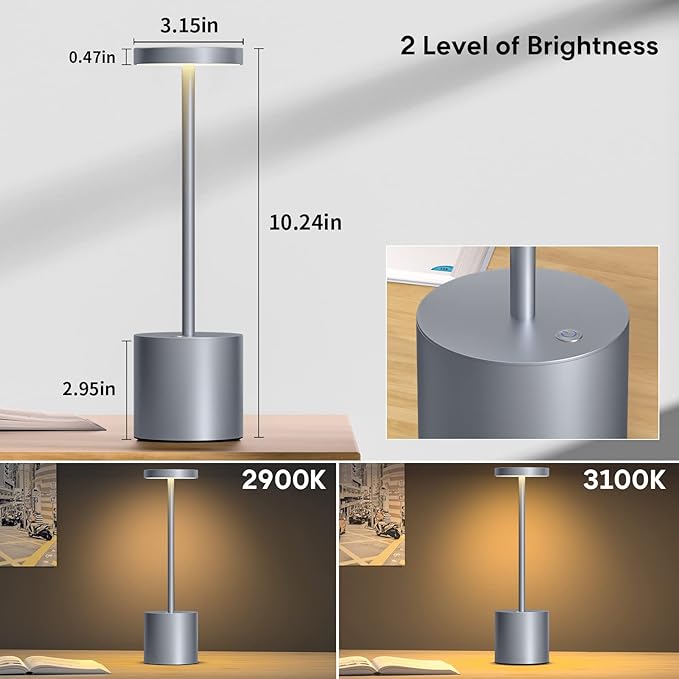 Rechargeable Cordless Table Lamp, 10.25in Small Outdoor Portable Battery Operated Desk Lamps 2 Levels Dimmable Powered Night Light for Dining Restaurant Bar Garden Patio Bedroom Grey - LeafyLoom