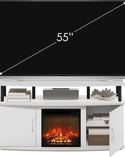 Furinno Jensen Living Room Fireplace TV Entertainment Center with Doors Storage Cabinet for TV up to 55 Inch, Solid White/Black - LeafyLoom