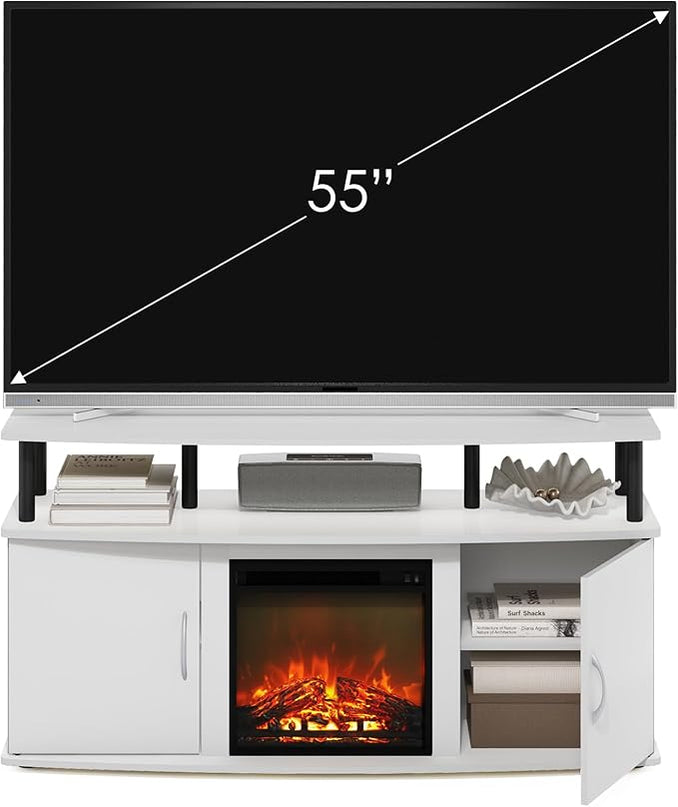 Furinno Jensen Living Room Fireplace TV Entertainment Center with Doors Storage Cabinet for TV up to 55 Inch, Solid White/Black - LeafyLoom