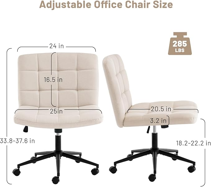 Furniliving Home Office Desk Chair with Wheels,Criss Cross Legged Wide Chair Armless Height Adjustable Chair with Mid Back Swivel Accent Vanity Chairs,Linen-Beige - LeafyLoom