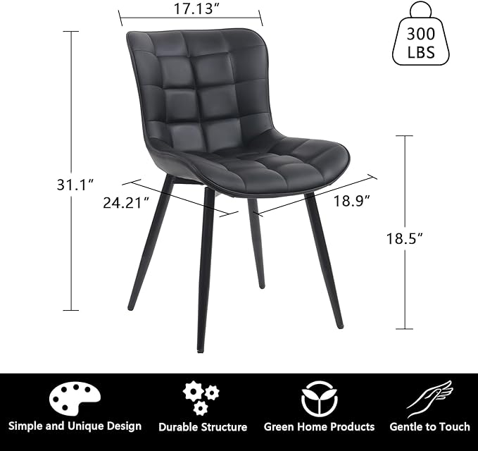 YOUTASTE Black Dining Chairs Set of 2 PU Leather Upholstered Modern Armless Dining Room Chair with Back Metal Legs Kitchen Dinner Accent Guest Chairs for Vanity Reception Waiting Room - LeafyLoom