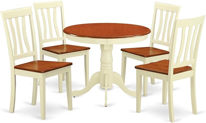 East West Furniture Antique 5 Piece Modern Set Includes a Round Kitchen Table with Pedestal and 4 Dining Chairs, 36x36 Inch, ANTI5-WHI-W - LeafyLoom