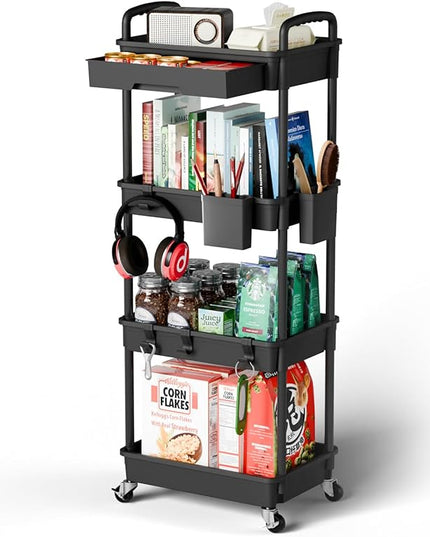 4 Tier Small Rolling Cart Organizer,Art Craft Diaper Bedside Snack Cart Laundry Room Bathroom Organizer Narrow Thin Slim Rolling Trolley Utility Cart with Wheels for Kitchen,Office(Black) - LeafyLoom