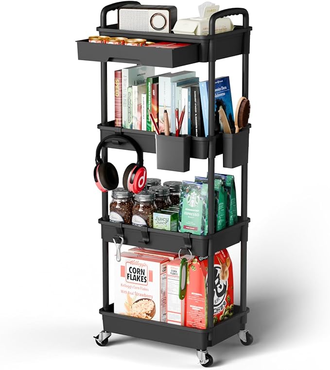 4 Tier Small Rolling Cart Organizer,Art Craft Diaper Bedside Snack Cart Laundry Room Bathroom Organizer Narrow Thin Slim Rolling Trolley Utility Cart with Wheels for Kitchen,Office(Black) - LeafyLoom