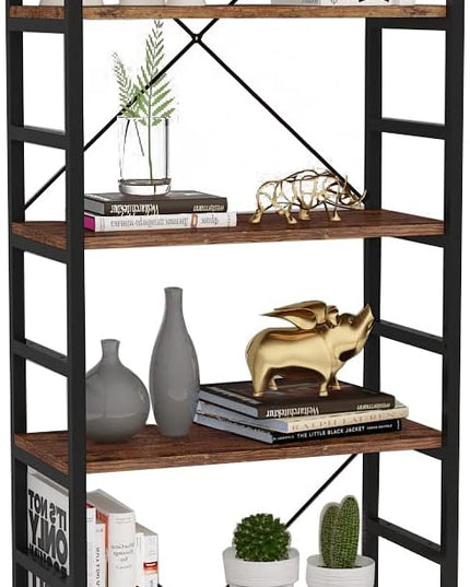 6 Tier Industrial Bookcase Shelf,Tall Bookshelf Industrial Corner Storage Organizer for Bedroom/Living Room/Home Office - Rustic Brown Modern Book Shelf for Books and Movies - LeafyLoom