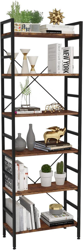 6 Tier Industrial Bookcase Shelf,Tall Bookshelf Industrial Corner Storage Organizer for Bedroom/Living Room/Home Office - Rustic Brown Modern Book Shelf for Books and Movies - LeafyLoom