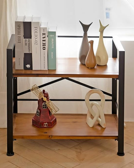 Rustic Bookshelf, 2 Tier Real Wood Bookshelf, Metal Book Shelf for Storage, Black Bookcase, 12.6" D x 23.62" W x 22.83" H - LeafyLoom