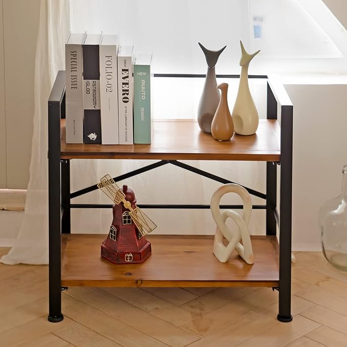 Rustic Bookshelf, 2 Tier Real Wood Bookshelf, Metal Book Shelf for Storage, Black Bookcase, 12.6" D x 23.62" W x 22.83" H - LeafyLoom