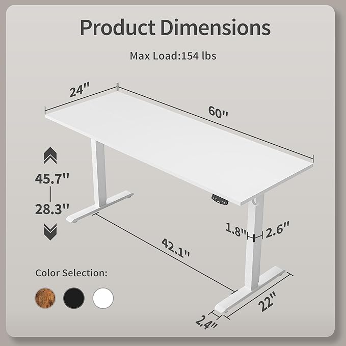 Electric Standing Desk, Large 60 x 24 Inches Height Adjustable Desk, Sit Stand up Desk for Work Office Home, Ergonomic Rising Computer Table with Memory Preset, White - LeafyLoom