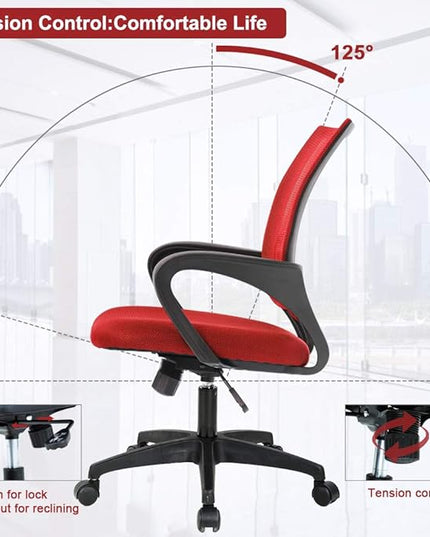 Home Mesh Office Chair Ergonomic Desk Chair Mid Back Computer Chair Task Rolling Swivel Chair with Lumbar Support Arms Modern Executive Adjustable Chair for Girl Adults Women(Red) - LeafyLoom