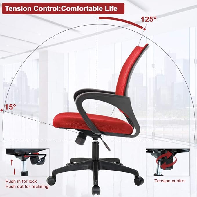 Home Mesh Office Chair Ergonomic Desk Chair Mid Back Computer Chair Task Rolling Swivel Chair with Lumbar Support Arms Modern Executive Adjustable Chair for Girl Adults Women(Red) - LeafyLoom