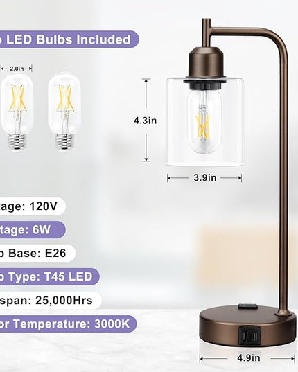 Innqoo Industrial Touch Table Lamps for Bedrooms Set of 2-3-Way Dimmable Lamps with USB C+A Ports and Outlet, Brown Bedside Lamps with Clear Glass Shade for Living Room, Desk Lamps for Home Office - LeafyLoom