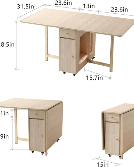 Extendable Drop Leaf Folding Dining Table with 2 Drawers and 4 Wheels for Living Room Kitchen Farmhouse Space Saving Table in Wood Color - LeafyLoom