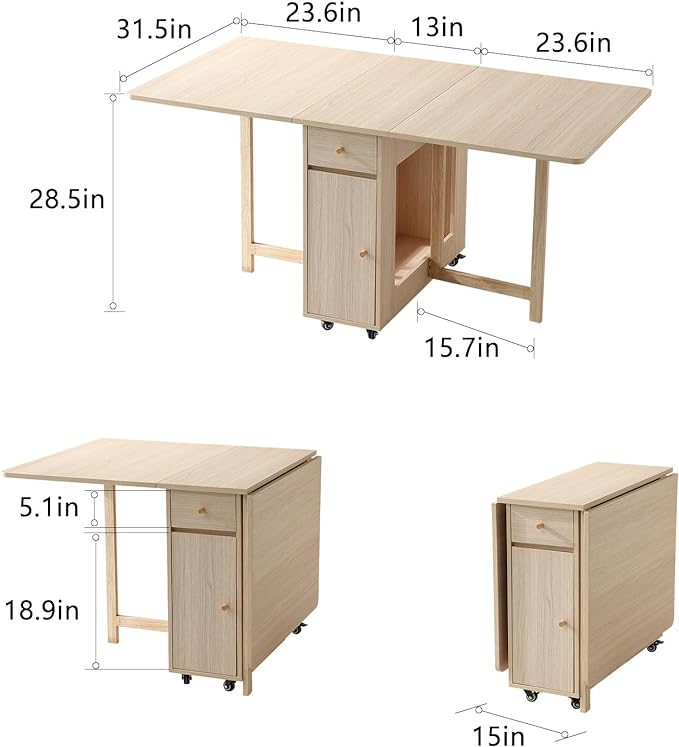 Extendable Drop Leaf Folding Dining Table with 2 Drawers and 4 Wheels for Living Room Kitchen Farmhouse Space Saving Table in Wood Color - LeafyLoom