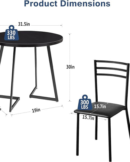 VECELO 3 Piece Kitchen Dining Room Set, Wood Round Table for Breakfast Nook Small Space, Dinette with 2 Cushioned Chairs, Matte Black - LeafyLoom
