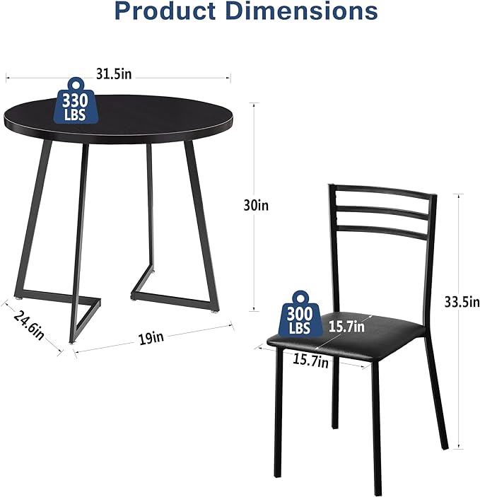 VECELO 3 Piece Kitchen Dining Room Set, Wood Round Table for Breakfast Nook Small Space, Dinette with 2 Cushioned Chairs, Matte Black - LeafyLoom