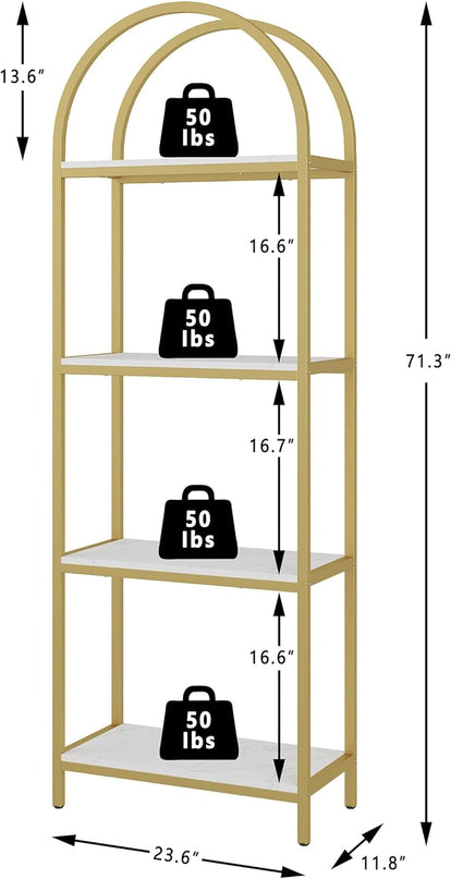 Yusong Bookshelf 4 Tier Arched Bookcase, 71.3" Tall Industrial Open Book Shelves for Living Room, Modern Freestanding Display Shelving Storage Rack Metal Frame, Office, Bedroom,Gold White - LeafyLoom