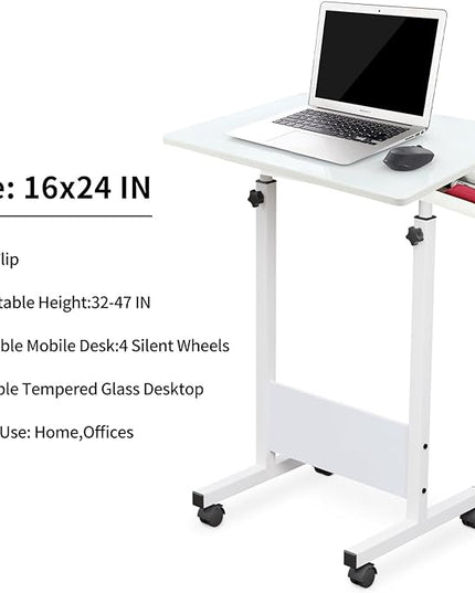Adjustable Height Standing Desk, Writable Tempered Glass Desktop with Eraser, 360° Flip, Wheels – Ideal for Small Spaces and Home Offices, 24 in, White(Adjustable Height: 32-47 in) - LeafyLoom