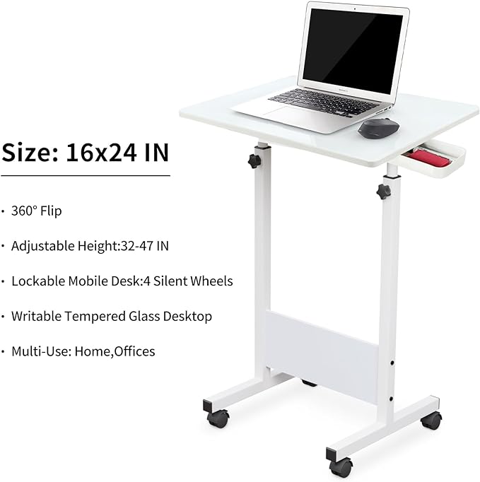 Adjustable Height Standing Desk, Writable Tempered Glass Desktop with Eraser, 360° Flip, Wheels – Ideal for Small Spaces and Home Offices, 24 in, White(Adjustable Height: 32-47 in) - LeafyLoom