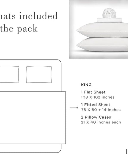 Linen Home Washed Cotton Percale King Sheet Set, White, Deep Pocket, 4 Pieces Bed Sheets - 1 Flat Sheet, 1 Fitted Sheet & 2 Envelope Closure Pillowcases, Cool and Comfortable Bed Linen - LeafyLoom