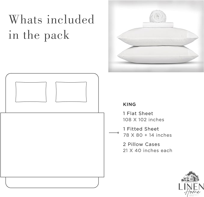 Linen Home Washed Cotton Percale King Sheet Set, White, Deep Pocket, 4 Pieces Bed Sheets - 1 Flat Sheet, 1 Fitted Sheet & 2 Envelope Closure Pillowcases, Cool and Comfortable Bed Linen - LeafyLoom