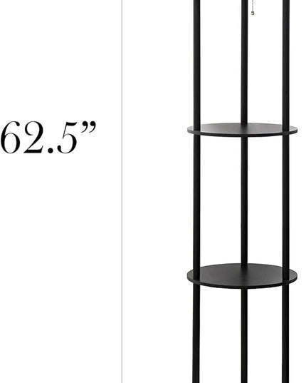 Simple Designs LF2010-BLK 62.5" Round Modern Shelf Etagere Organizer Storage Floor Lamp with 2 USB Charging Ports, 1 Charging Outlet and Linen Shade for Living Room Bedroom Office, Black - LeafyLoom