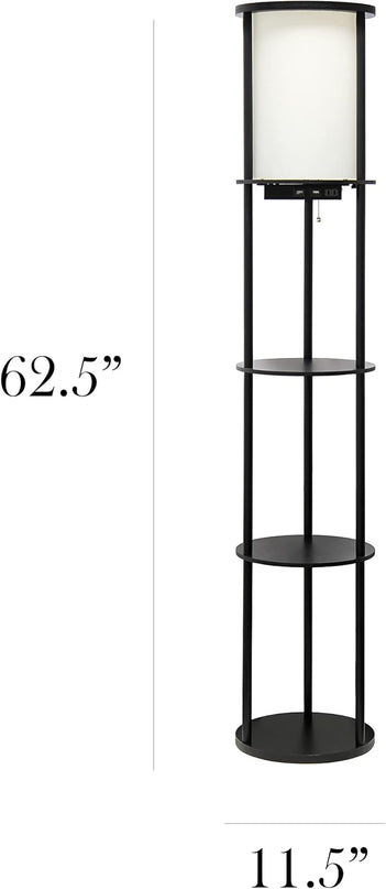 Simple Designs LF2010-BLK 62.5" Round Modern Shelf Etagere Organizer Storage Floor Lamp with 2 USB Charging Ports, 1 Charging Outlet and Linen Shade for Living Room Bedroom Office, Black - LeafyLoom